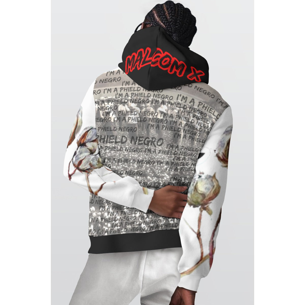 Phield Negro Men's Pullover Hoodie with Cotton Field Malcolm X Design, Scuba Fabric, Front Pocket