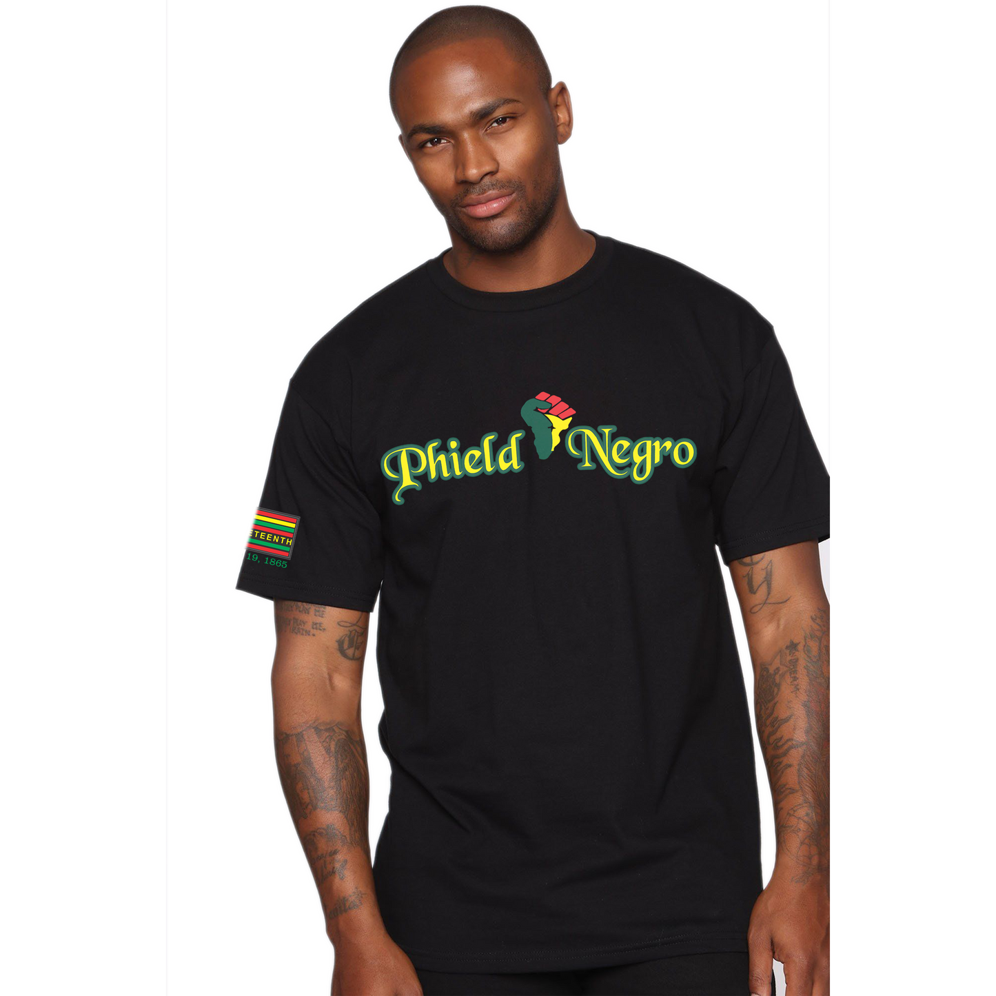 black man wearing a Juneteenth t shirt