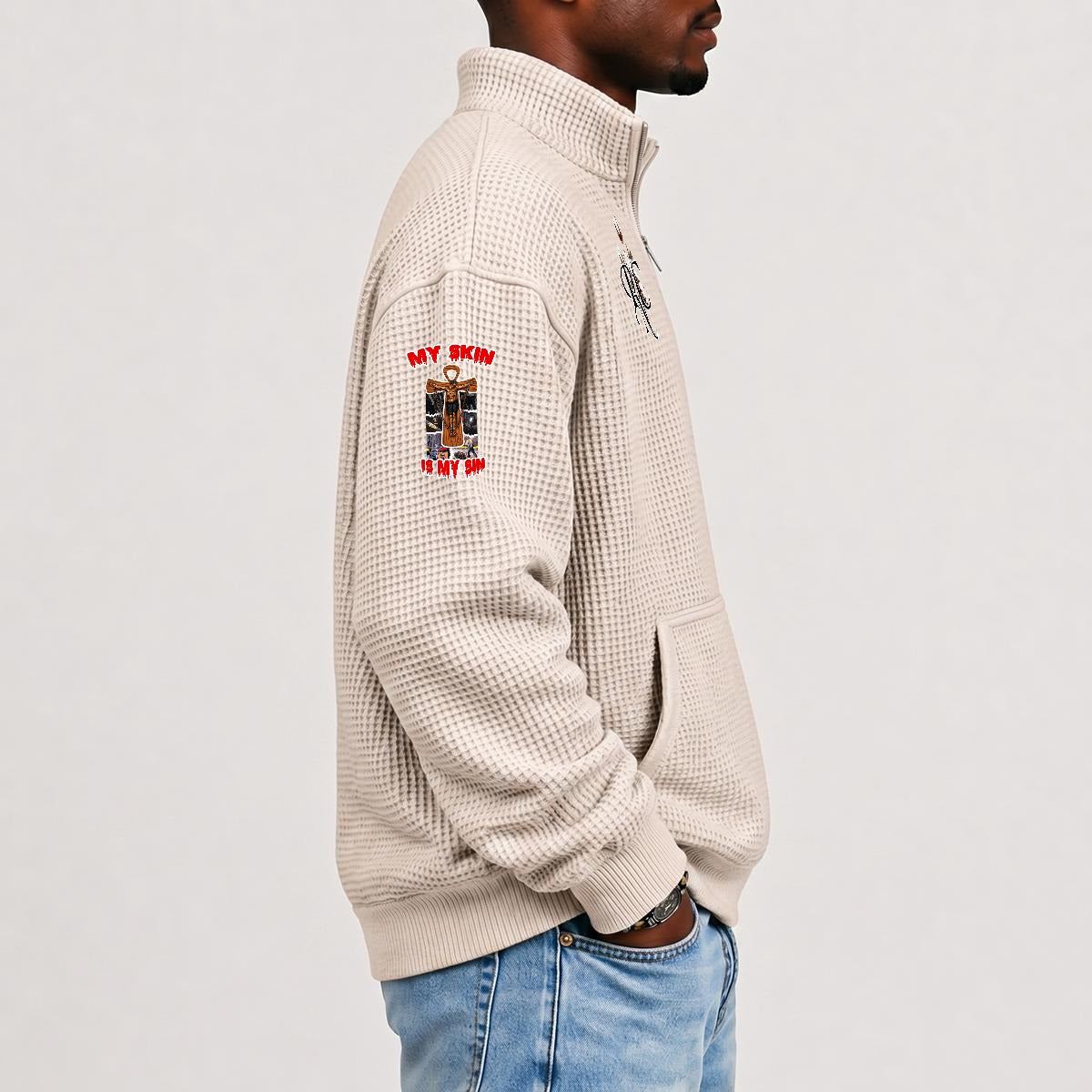 Men's Waffle Knit Casual Sweatshirt With Half Zipper