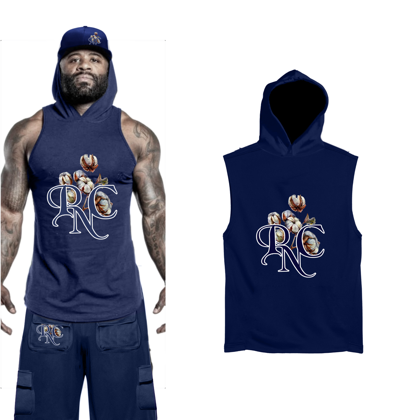 Muscle Shirt - Premuim PNC Sleeveless Hoodie (Applique Embroidery)Navy Blue